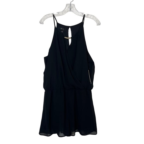 BCX Sleeveless Chiffon Overlay Romper Womens Large Black Keyhole Back New - Picture 1 of 9